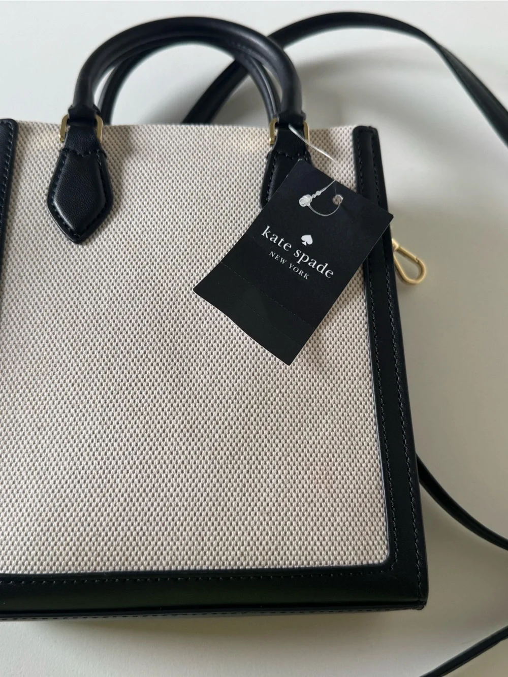 kate spade Ellie Mini Black Leather Cream Structured Canvas Crossbody Tote